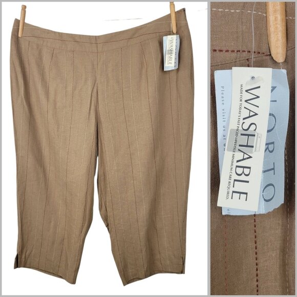 NEW Norton Linen Cropped Wide Leg Pants Plus 22W 22 Professional Brown Pinstripe - Picture 1 of 8